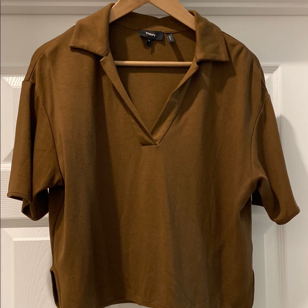 Theory Brown Relaxed Polo Crop Blouse